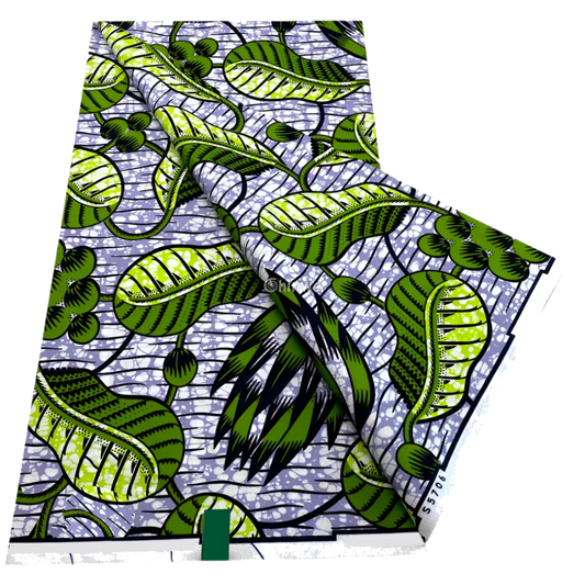 Chartreuse leafy vines on lilac micro-dot batik with winding stems and bud clusters, 6-yard piece