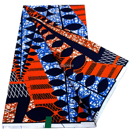 Obsidian oval leaf chains with vermilion ladders and batik panels on deep navy and azure, 6-yard piece