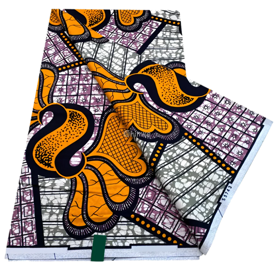 Amber petal scrolls and plum micro-grid florals with soft grey batik blocks, 6-yard piece