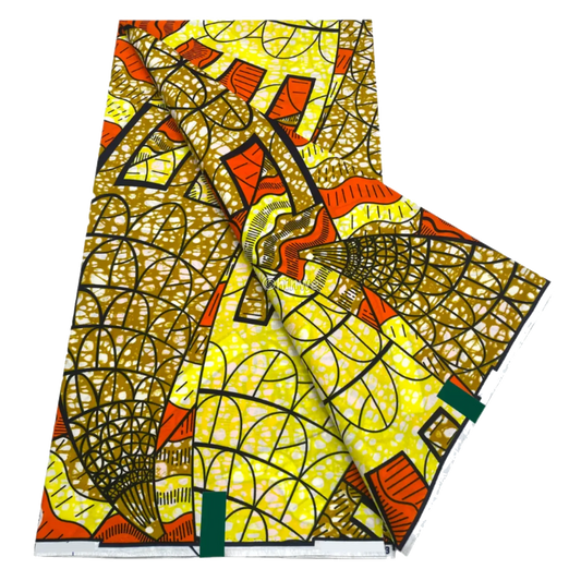 Golden lattice and burnt orange panels with radiating webbed motifs on yellow batik base, 6-yard piece