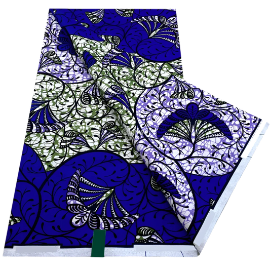 Royal blue and olive botanical swirls with winged petals and veined vines, 6-yard piece