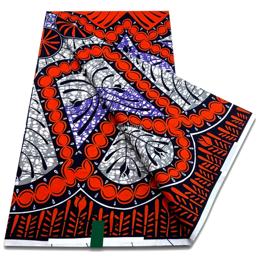 Fiery orange triangle bloom with gray leaf panels and navy botanical borders, 6-yard piece
