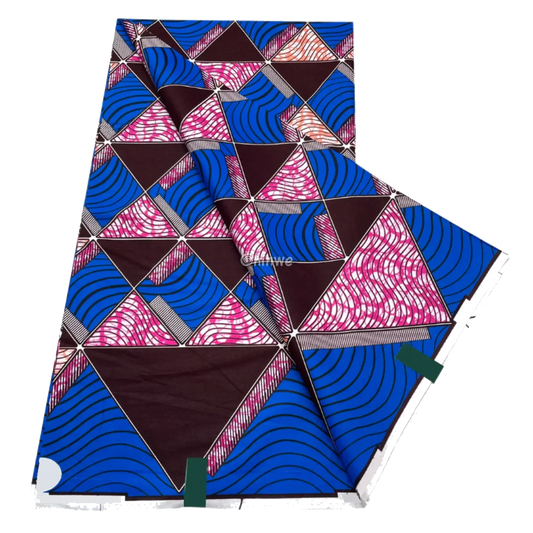 Crimson brown and royal blue triangle grid with pink arch motif and striped block intersections, 6-yard piece