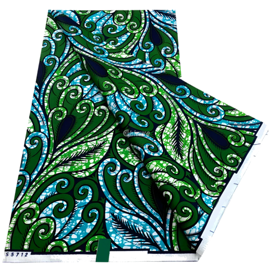 Emerald green and aqua swirl pattern with feathered leaf motif and dark navy teardrop detailing, 6-yard piece