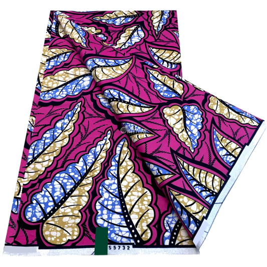 Hollandais-style wax print cotton with bold blue and gold leaf motif on purple-pink ground, 6-yard piece