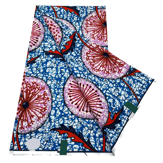 Crimson dandelion print with coral accents on deep indigo batik and blue-white marble background, 6-yard piece