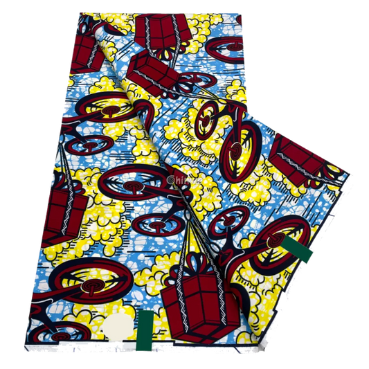 Crimson drone and parcel motif on sky blue with yellow cloud bursts and white crackle batik, 6-yard piece