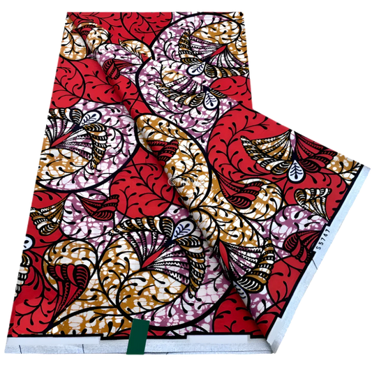 Swirling vine bloom motif on scarlet batik with gold curls and lilac shadowed petals, 6-yard piece