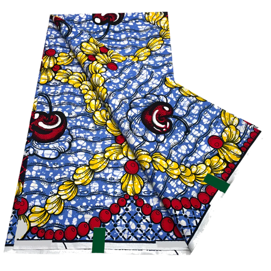 Cherry garland and ruffled bloom motif on ocean blue batik with red beads and yellow petals, 6-yard piece