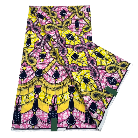 Layered tassel and pendant chain pattern in lemon yellow and pink with circular lattice batik, 6-yard piece