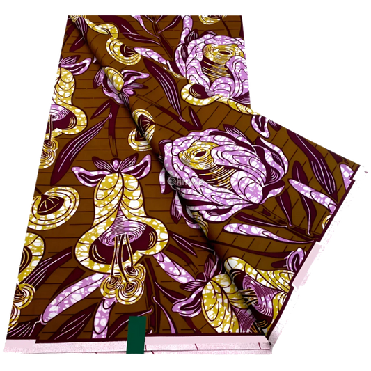 Burnt sienna botanical print with lilac roses, yellow bell flowers and linear background, 6-yard piece