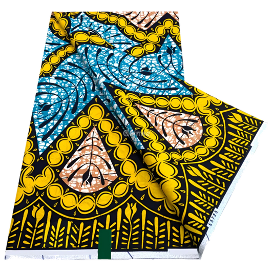 Golden teardrop medallion print with sky blue spirals, coral center and framed botanical border, 6-yard piece