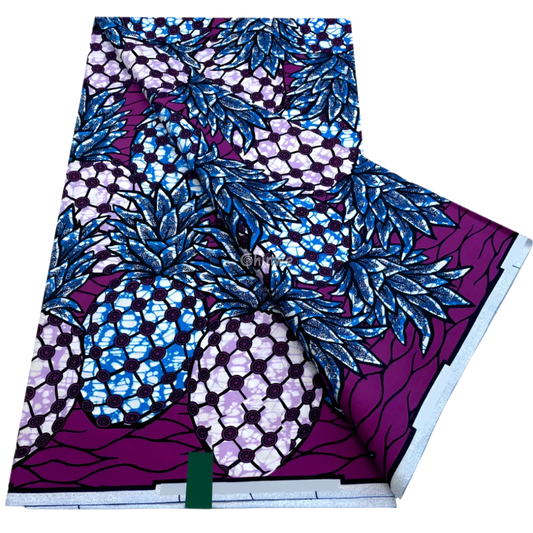 African wax print with blue pineapples and sapphire leaves on purple ground with circular batik detailing, 6-yard piece