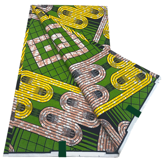 African wax print with olive green grid, mustard loops and taupe batik interlocking path motif, 6-yard piece