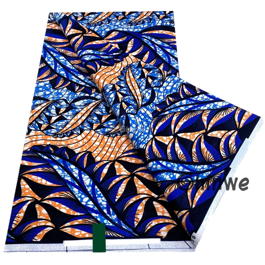 Blue and orange layered leaf motif with curved bands and batik dot texture, African wax print cotton, 6-yard piece