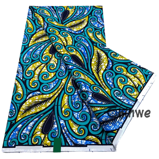 Teal and yellow scroll leaf motif on blue batik print with curved lines and feathered accents, 6-yard piece