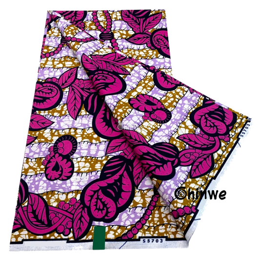 Magenta vine and leaf print on lilac and gold batik texture with beaded motif accents, 6-yard piece