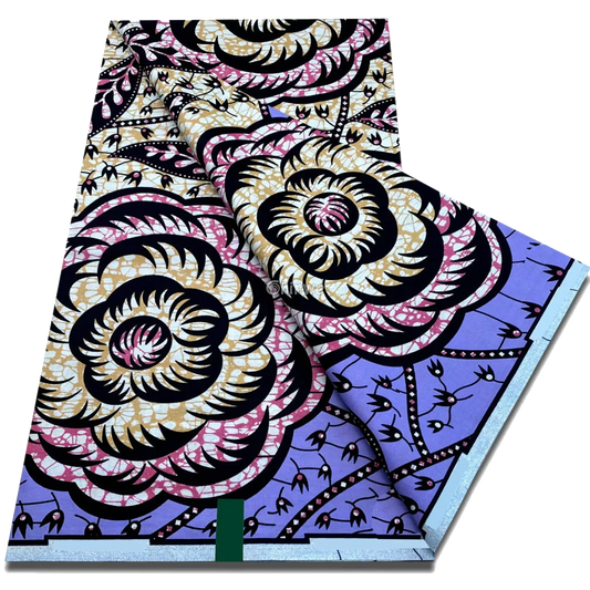 Lavender wax print with oversized rose spiral and petal vine motif in beige, black and pink, 6-yard piece
