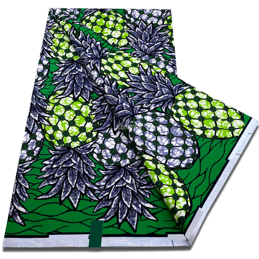 Green wax print with pinecone leaf cluster and honeycomb dot pattern on webbed grid base, 6-yard piece