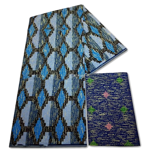 Icy Lagoon Metallic Brocade Fabric – Blue, Silver & Black Diamond Kente Pattern