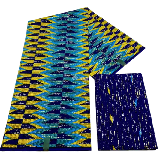 Ocean Ray Metallic Brocade Fabric – Navy, Aqua & Yellow Chevron Kente Design