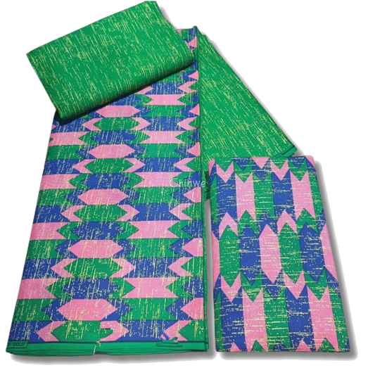 Candy Arrow African Brocade Fabric – Pink, Green & Navy Geometric Metallic Jacquard