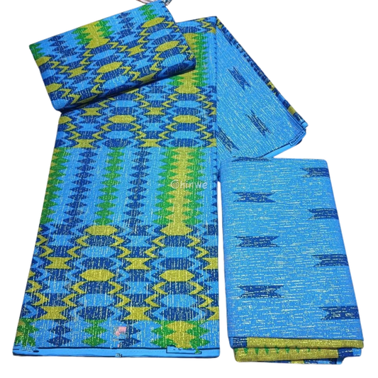 Electric Nile Brocade Fabric – Blue, Green & Yellow Metallic Jacquard – African 6 Yards
