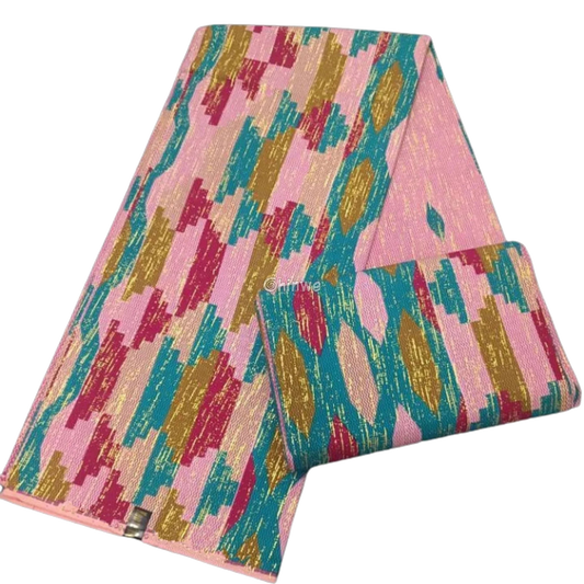 Pink Mirage Brocade Fabric – Soft Pink, Teal, Gold & Red Metallic Jacquard