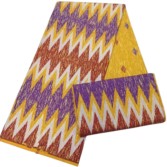 Sunfire Zigzag Kente Brocade Fabric in Yellow, Purple & Red with Gold Metallic Threading