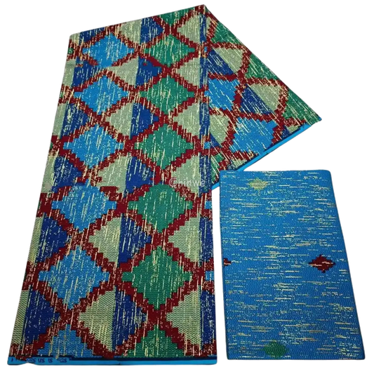 Blue, Green & Red Kente Brocade with Diamond Grid Motif and Gold Metallic Threading