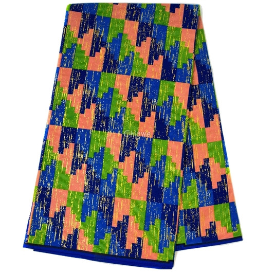 Blue, Green & Pink Kente Brocade with Pixel Mosaic Triangles and Gold Metallic Accents