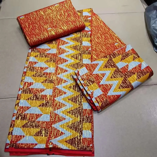 Red, Gold & Blue Kente Brocade with Zigzag Triangles and Gold Metallic Weave Detail
