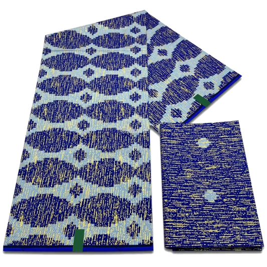Navy & Sky Blue Kente Brocade with Wave-Inspired Motif and Gold Metallic Shimmer Detail