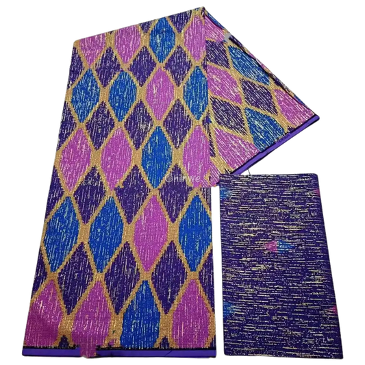 Purple, Blue & Pink Kente Brocade with Elongated Diamond Motif and Metallic Gold Accents