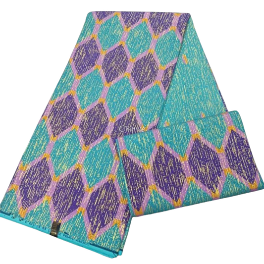 Aqua Blue & Purple Kente Brocade with Diamond Trellis Motif and Subtle Gold Metallic Threading
