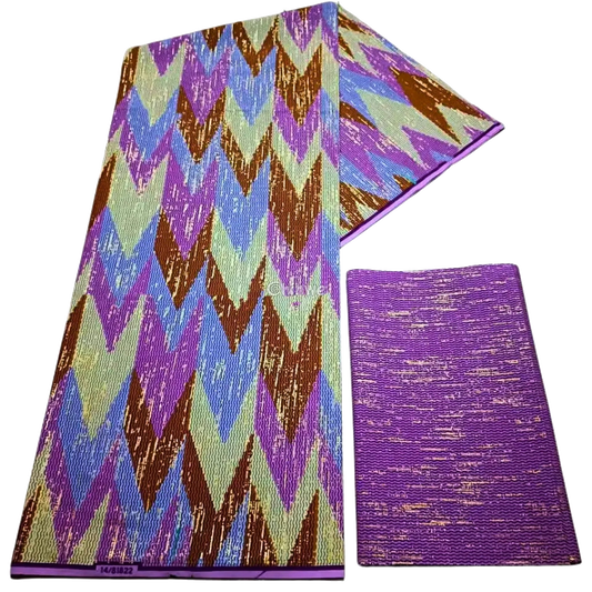 Lilac, Cream & Brown Kente Brocade with Chevron Arrow Motif and Gold Metallic Highlights