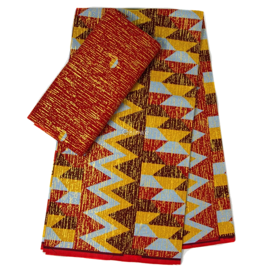 Red, Yellow & Blue Kente Brocade with Lightning Chevron Motif and Gold Metallic Detailing