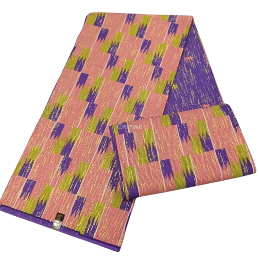 Peach, Purple & Green Kente Brocade with Staggered Block Motif and Subtle Metallic Texture