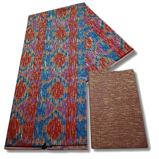 Red, Blue & Lilac Kente Brocade with Radiant Medallion Motif and Gold Metallic Detailing