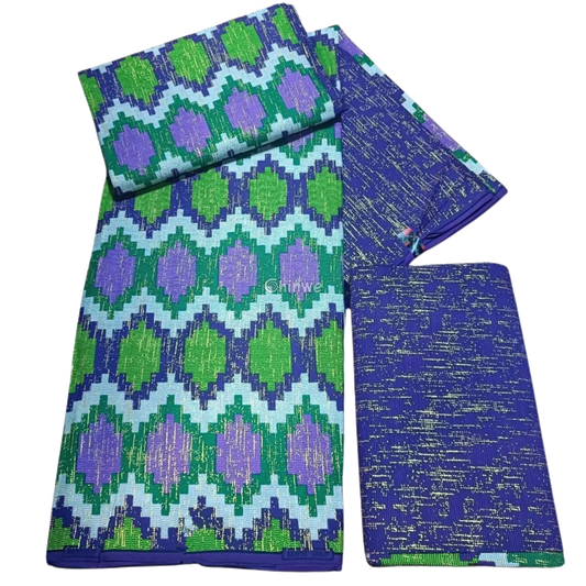 Purple, Green & Lilac Kente Brocade with Diamond Lattice Motif and Metallic Gold Accents
