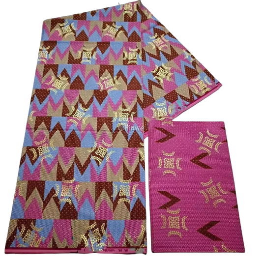 Pink, Brown & Blue Kente Brocade with Adinkra Motif and Chevron Stripe Pattern in Gold Shimmer