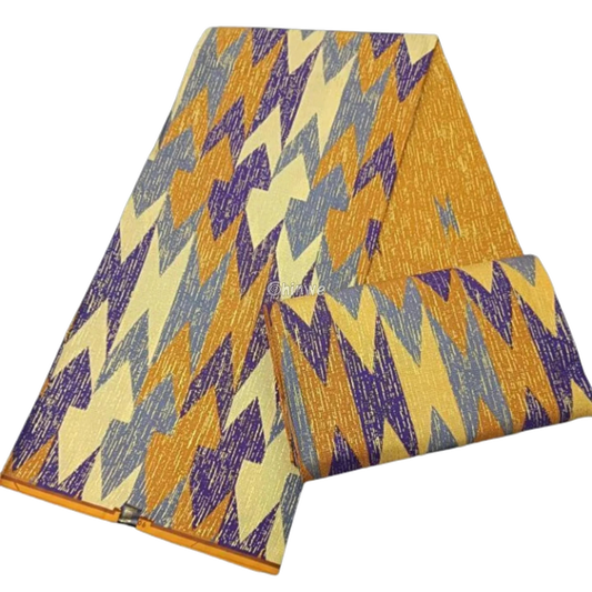 Gold, Cream & Purple Kente Brocade with Jagged Chevron Motif and Subtle Metallic Texture