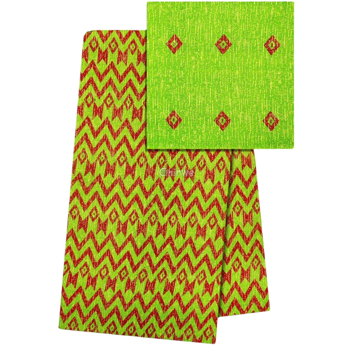 Lime Green & Red Kente Brocade with Zigzag Chevron Motif and Metallic Thread Highlights