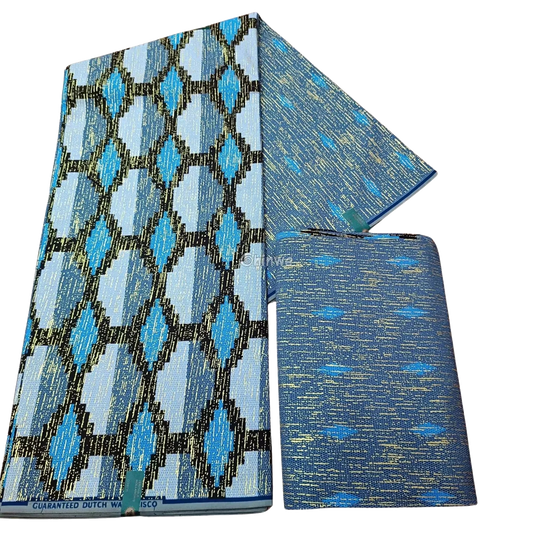 Silver, Blue & Black Kente Brocade with Interlocking Diamond Motif and Metallic Accents