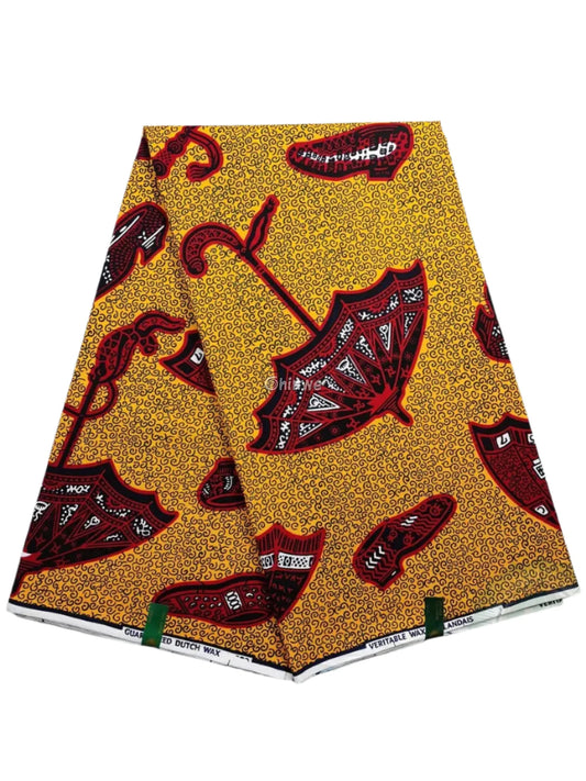 Mustard Yellow & Red Umbrella and Shoe Motif Ankara Wax Print Fabric for Creative Fashion and Décor 6 yards cotton