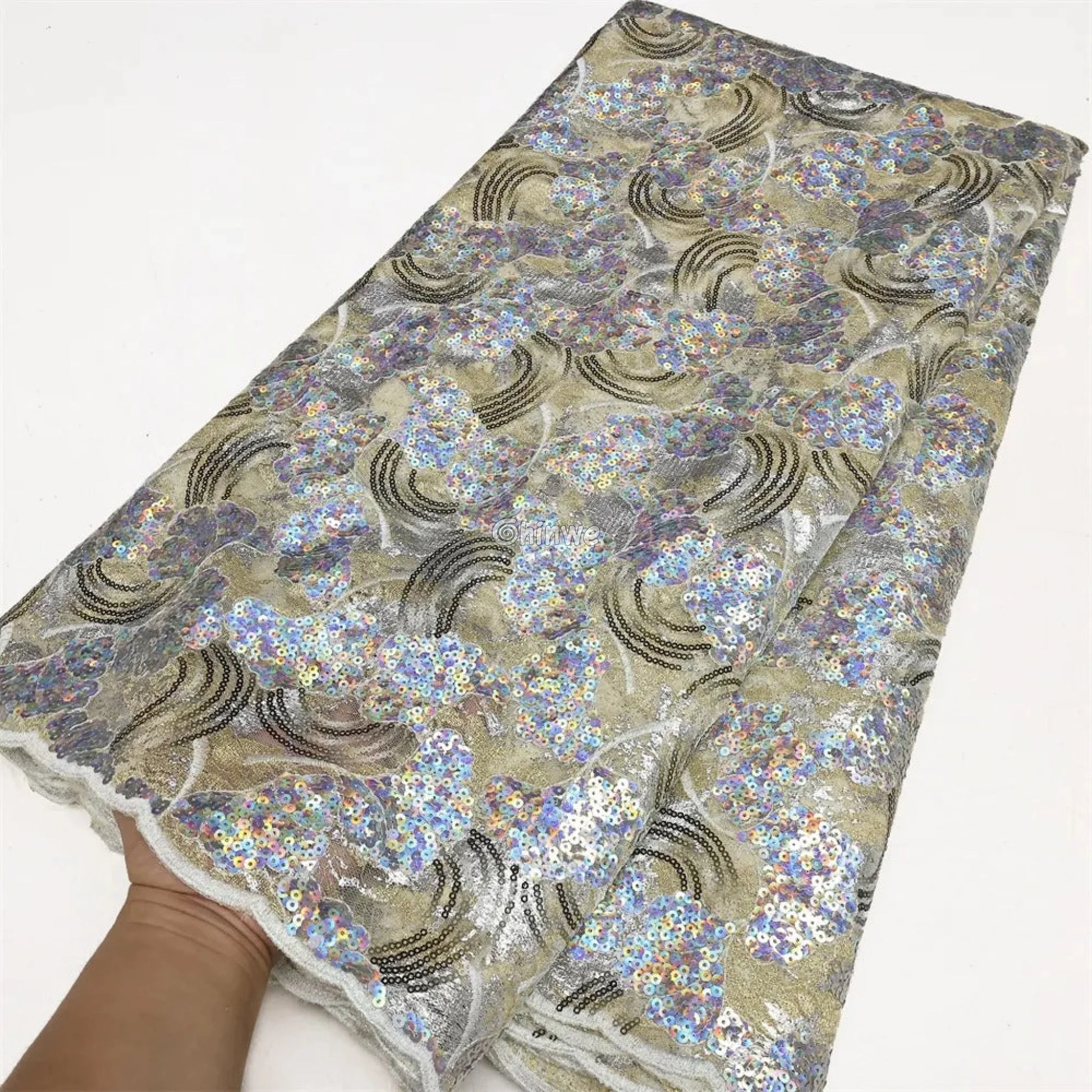 Sheer Sequin Lace Fabric with Swirling Motif and Scalloped Edge Embellished with Metallic Sequins