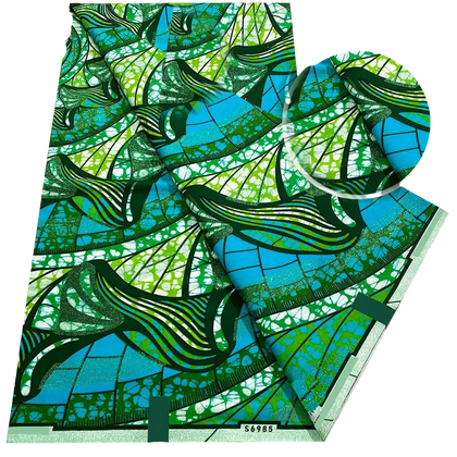 Emerald Fan Ankara Flash Gold Wax Print Fabric – Green Leaf Fans on Turquoise, 6 Yards