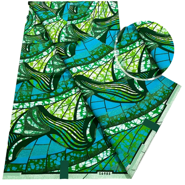 Emerald Fan Ankara Flash Gold Wax Print Fabric – Green Leaf Fans on Turquoise, 6 Yards