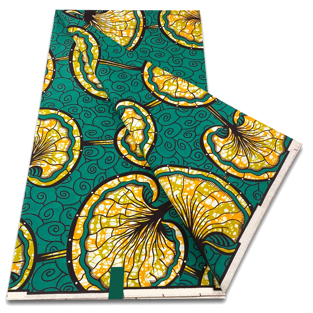 Emerald and gold fan leaf Ankara real wax print fabric