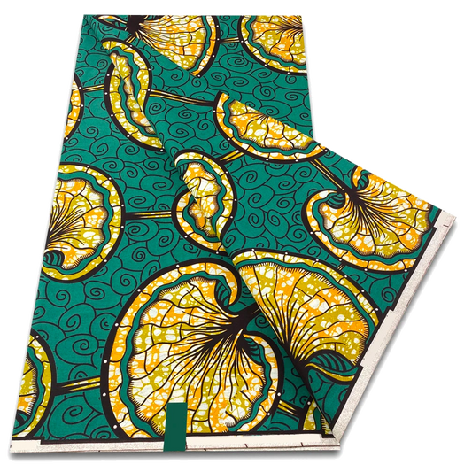 Emerald and gold fan leaf Ankara real wax print fabric